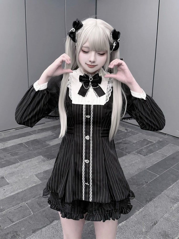 Black Jirai Kei Striped Long-Sleeve Dress with Lace Mesh Cape, Bow Tie & Shorts Set - Puppet Bombs