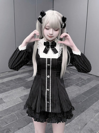 Black Jirai Kei Striped Long-Sleeve Dress with Lace Mesh Cape, Bow Tie & Shorts Set - Puppet Bombs