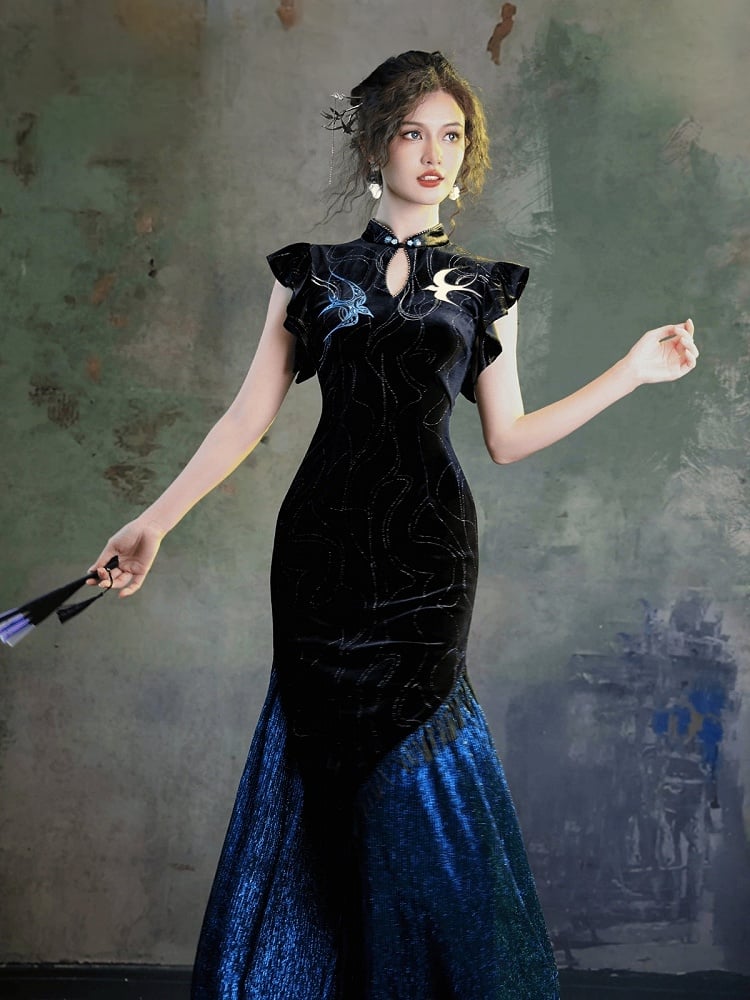 Chinese Black Blue Shimmer Velvet Long Qipao Swallow Embroidery - sijinstudio