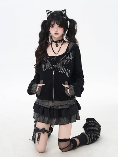 Y2K Schwarze Distressed Holes Kapuzenjacke mit Reißverschluss