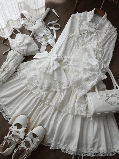 White Bell Sleeves Lace Elegant Lolita Blouse with Bow Tie - NnSTAR