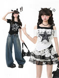 Two-Piece Top with Star Embroidery Black/White Faux Asymmetrical Off-Shoulder