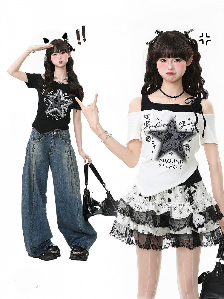 Two-Piece Top with Star Embroidery Black/White Faux Asymmetrical Off-Shoulder
