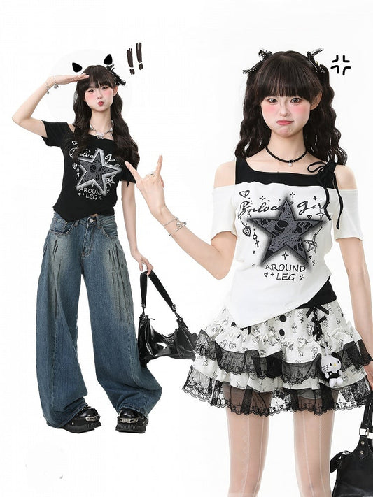 Two-Piece Top with Star Embroidery Black/White Faux Asymmetrical Off-Shoulder