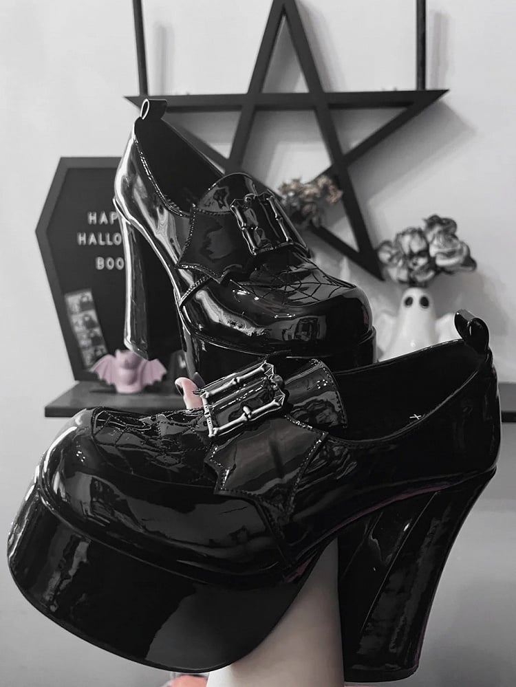 High Decor Block Gothic Heels Design Platform Wing Black Polished Bat PU Leather Spiderweb in -