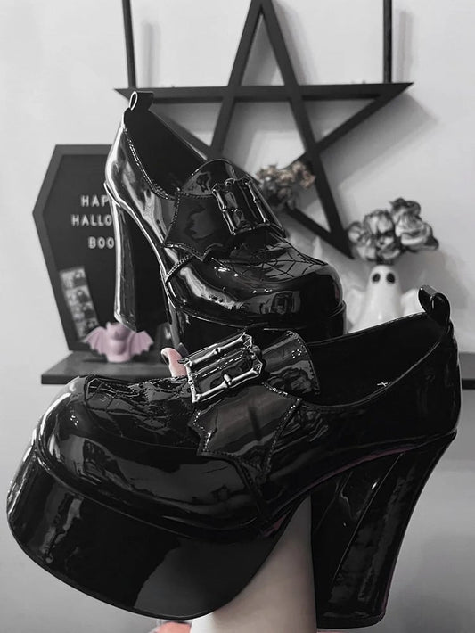 High Decor Block Gothic Heels Design Platform Wing Black Polished Bat PU Leather Spiderweb in -