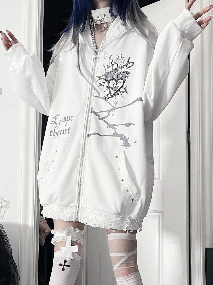 Jacketwith Ear Studded Cat White Zip-up Gray Hoodie HeartLetter Print