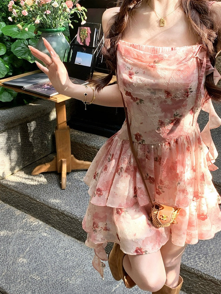 Red Floral Asymmetrical Ruffle Hem Summer Dress - Qchiwawameme