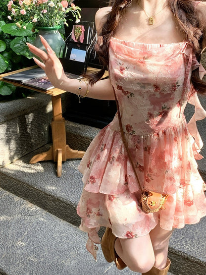 Red Floral Asymmetrical Ruffle Hem Summer Dress - Qchiwawameme