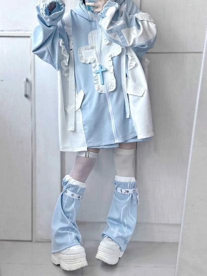 Tenshi Kaiwai Light Blue Yami Kawaii Cross Cat Ear Hoodie Shorts Leg Warmers Set