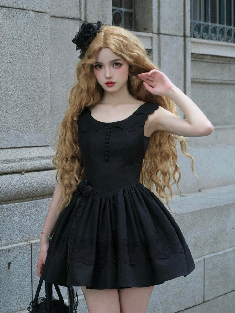 Black Rosette Lolita Jumper Skirt with Basque Waist