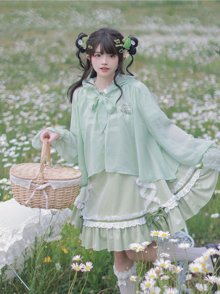 Halbtransparentes Sonnenschutz-Oberteil mit Froschhaube, hellgrüner Chiffon