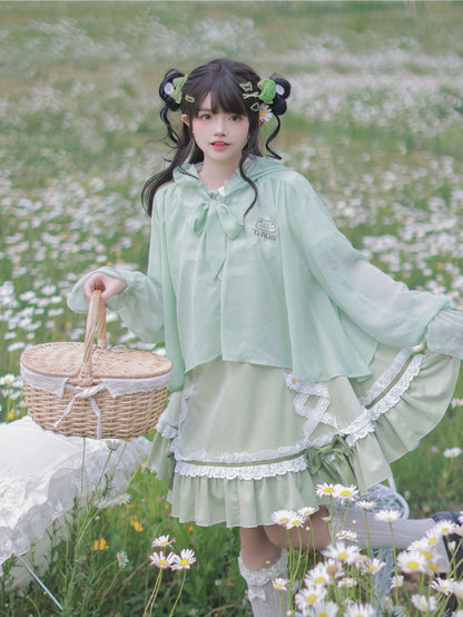 Halbtransparentes Sonnenschutz-Oberteil mit Froschhaube, hellgrüner Chiffon