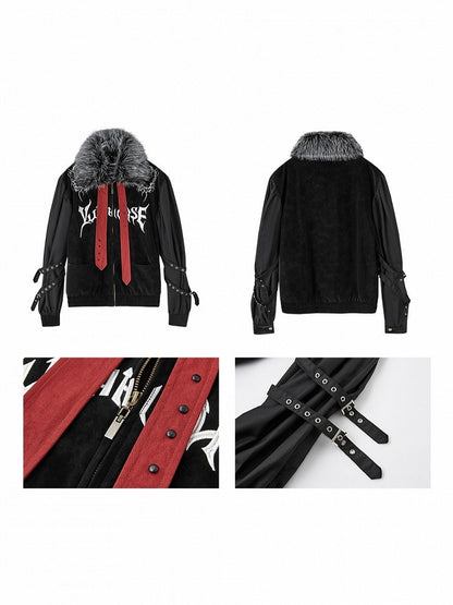 with Jacket Fall/Winter Streetwear Punk Collar Faux Y2K Fur Studded Red Straps Black