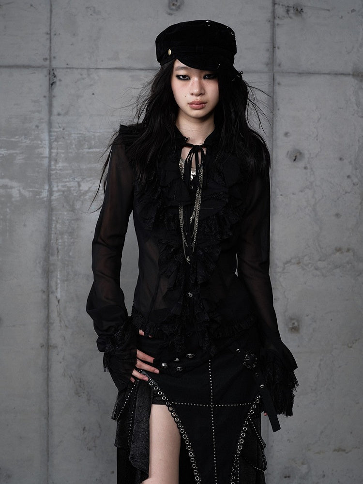 with Lace Tie-Neck Delicate Blouse Vintage Black Accents Princess