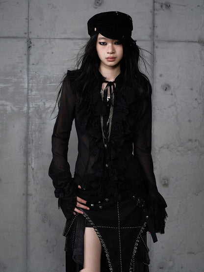 with Lace Tie-Neck Delicate Blouse Vintage Black Accents Princess