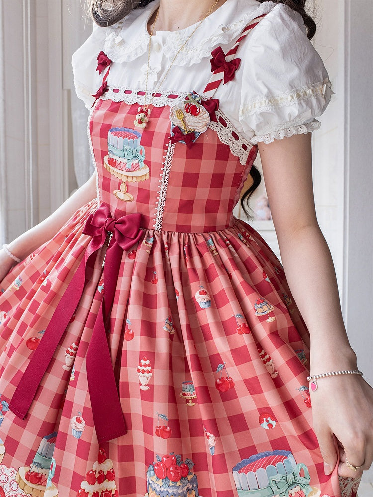 レッドギンガムチェック柄チェリー＆デザートスイートロリータジャンパースカート