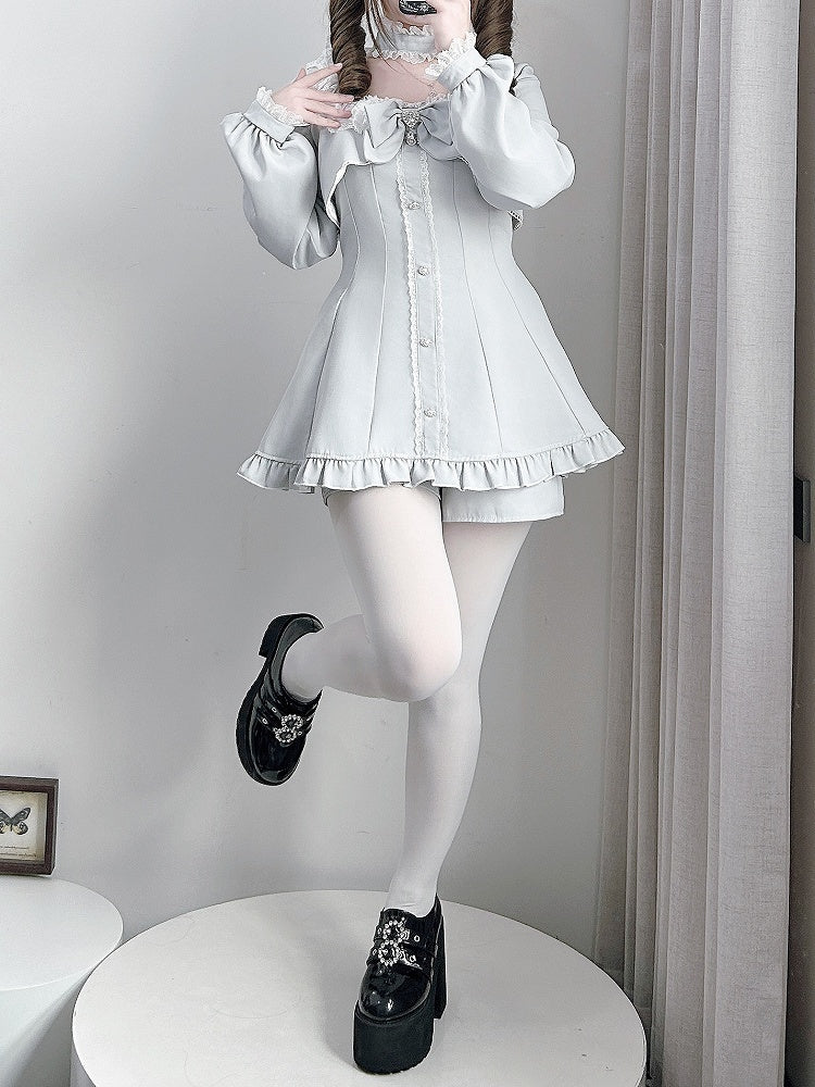 Jirai Kei Gray Long Sleeve Full Set : Lace-Trimmed Square Neck Top & Shorts with Detachable Bow Tie and Choker
