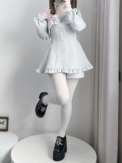 Jirai Kei Gray Long Sleeve Full Set : Lace-Trimmed Square Neck Top & Shorts with Detachable Bow Tie and Choker