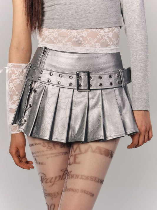 Silver Skirt Mini Pleated Studded PU Metal Rings with Lettering