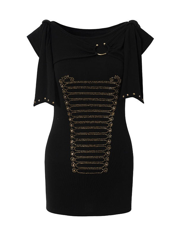 Black Knit Short-Sleeve Top with Rhinestone Design - NO ROMANCE