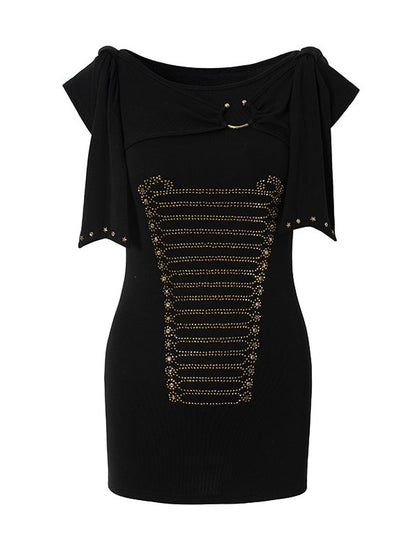Black Knit Short-Sleeve Top with Rhinestone Design - NO ROMANCE