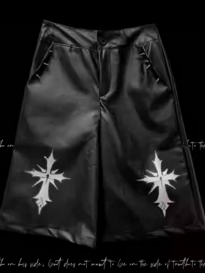 Y2K White Wide-Leg Pants Cross Pattern Black PU Studded Glamorous