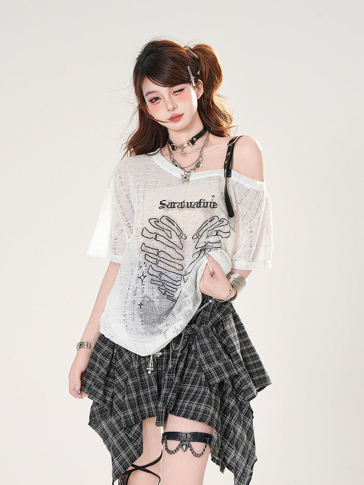 Heart Print Holes Asymmetrical Neckline Distressed