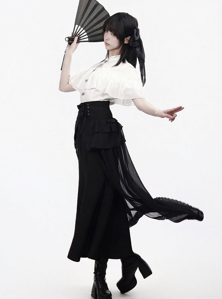 White Metal Frog Closure Blouse with Ruffles - PINK SAVIOR