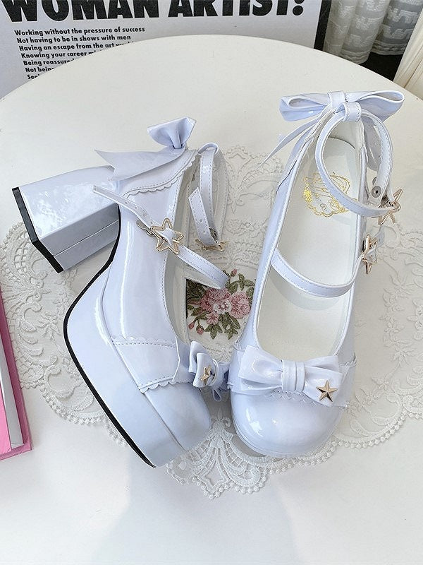 Star in Elegant Lolita High Blue Light 8cm - Accents Block Details Heels Bow