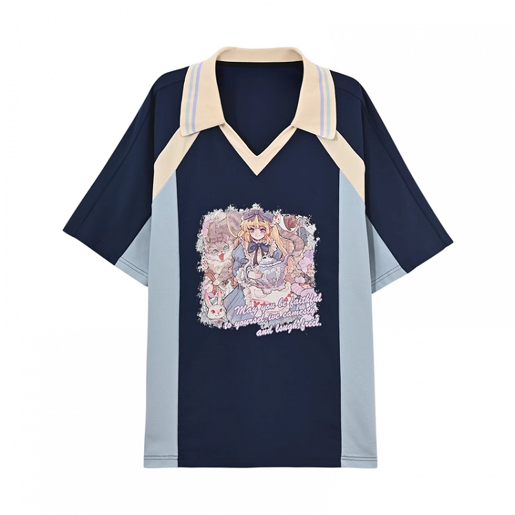Version Navy Blue Colorblock Design V-neck Anime Girl Print T-shirt Long/Short