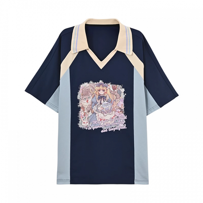Version Navy Blue Colorblock Design V-neck Anime Girl Print T-shirt Long/Short
