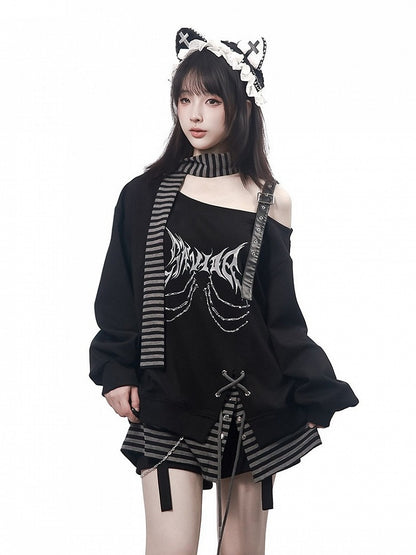 Dark Theme Print Black & Gray Faux Two-Piece Asymmetric Shoulder Sweatshirt with Striped Scarf - PINK SAVIOR