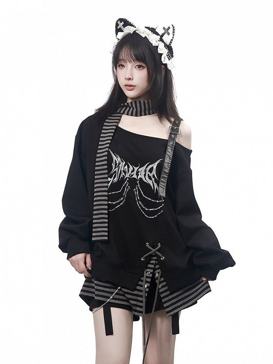 Dark Theme Print Black & Gray Faux Two-Piece Asymmetric Shoulder Sweatshirt with Striped Scarf - PINK SAVIOR