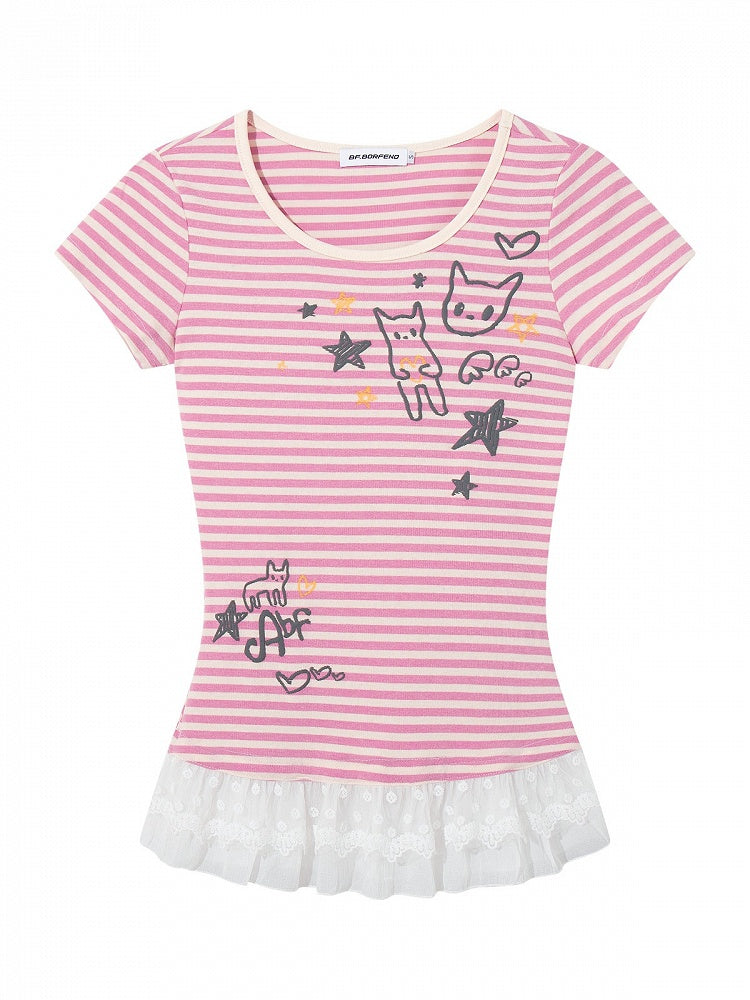 Striped Pink & Kitty Print Lace-Hem Top - Languid Park