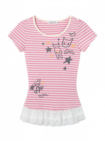 Striped Pink & Kitty Print Lace-Hem Top - Languid Park