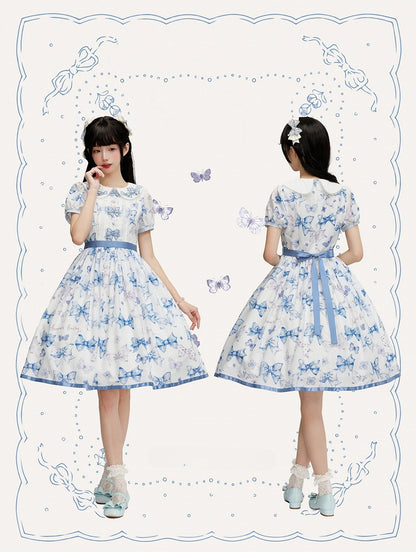 Blue Bowknot Peter Pan Collar Lolita Dress Bows and Butterfly One Piece