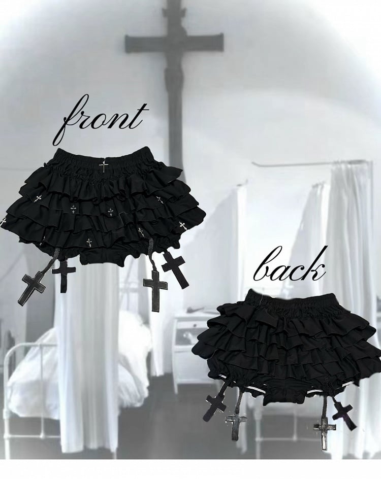 Gothic Black Cross Charms Tiered Ruffles Skort