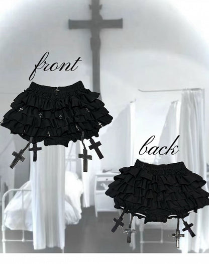 Gothic Black Cross Charms Tiered Ruffles Skort