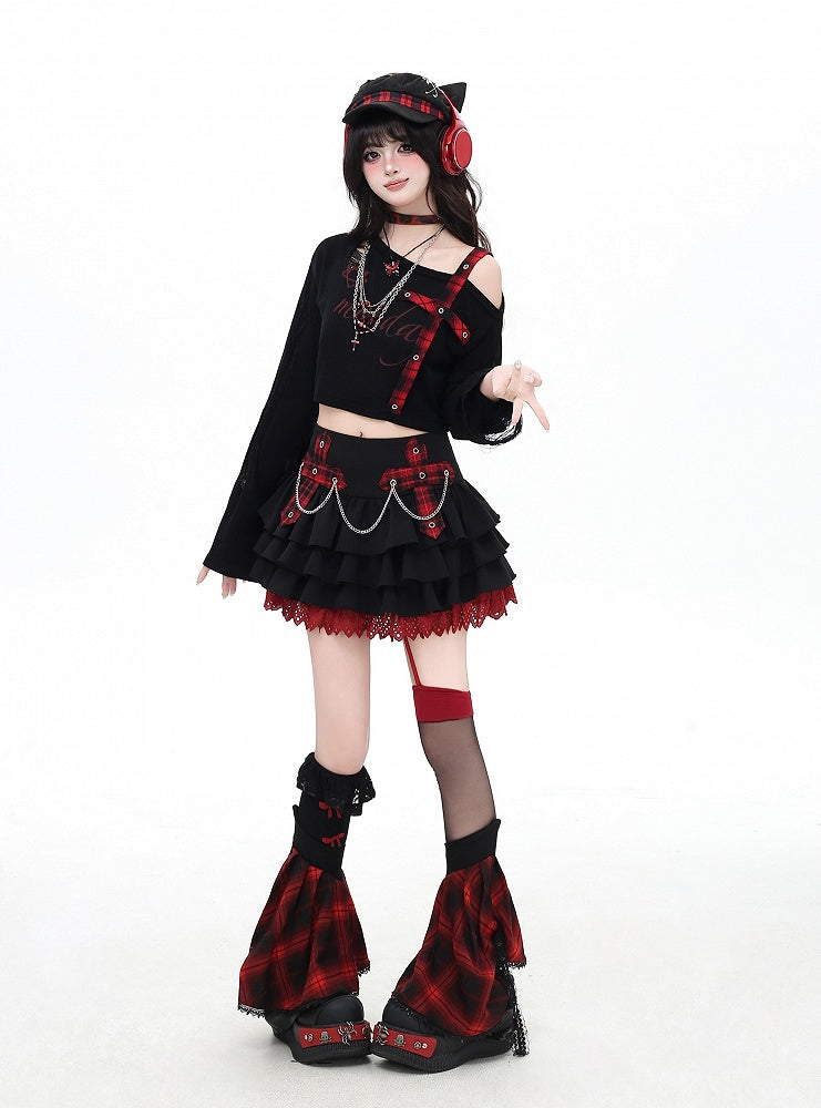 Trim Appliques Plaid Cross Lace Skirt Decorated Tiered Pink/Red Chains