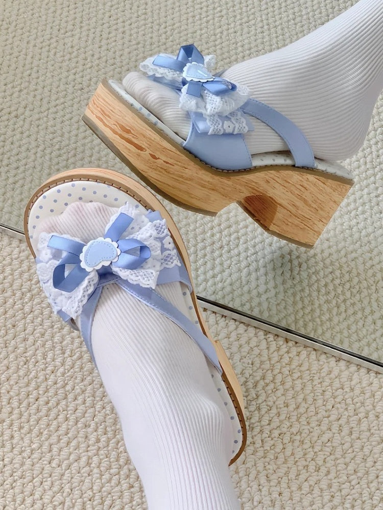 Platform Bow Grain Applique with Sole Decorative Heart Slippers Wood