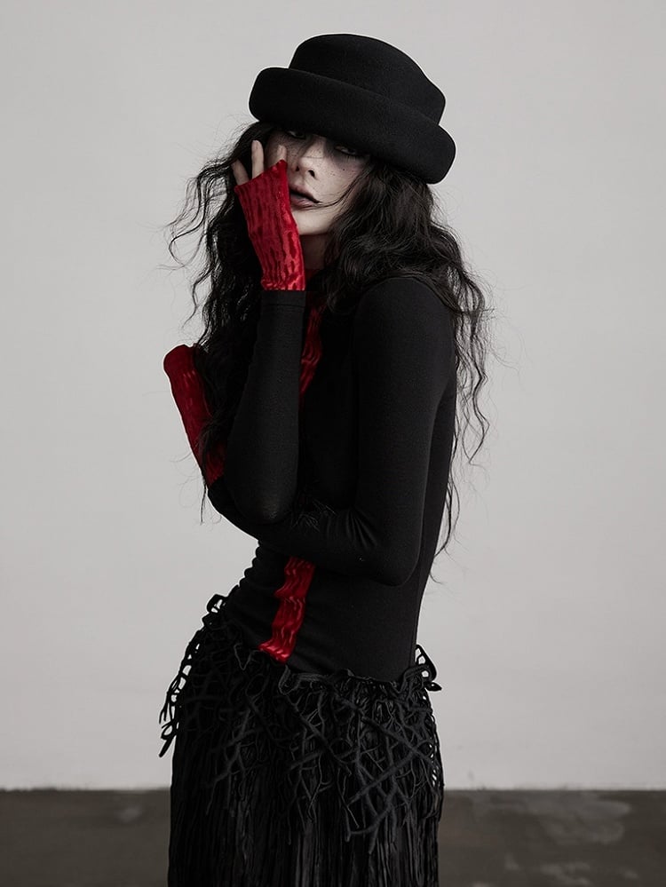 Urban Long-Sleeve Knit Black Design Red Top Goth Color-Block
