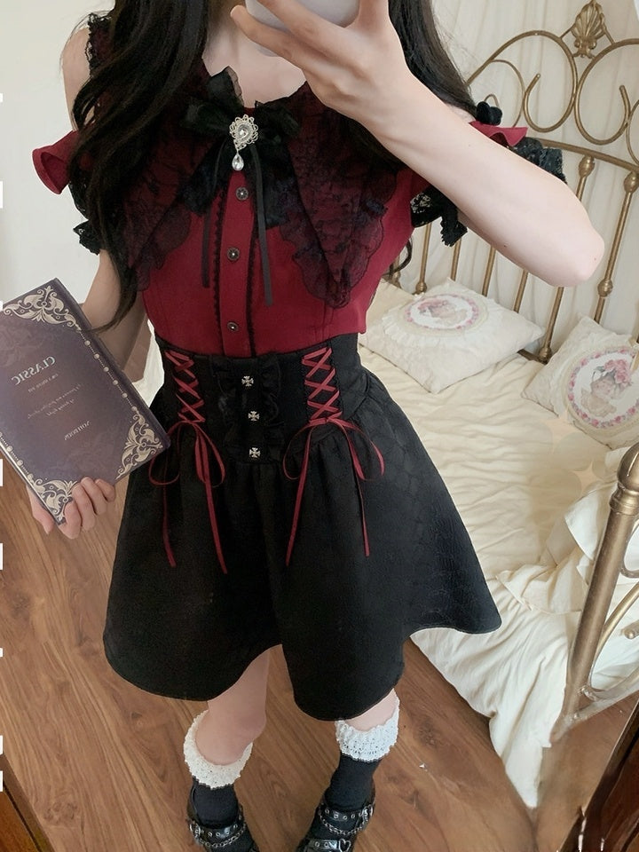 Red Open-Shoulder Set: Kei Blouse Black 3-Piece Bow Skirt Tie and Jirai Contrast High-Waist with