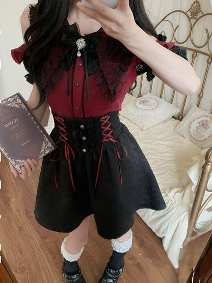 Red Open-Shoulder Set: Kei Blouse Black 3-Piece Bow Skirt Tie and Jirai Contrast High-Waist with