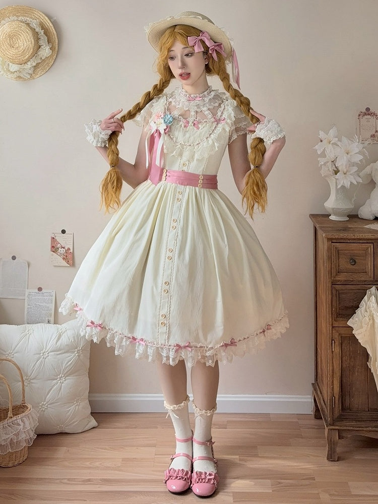 Short Lolita Dress Classic Light Version Bow with Elegant Yellow Lace and Details