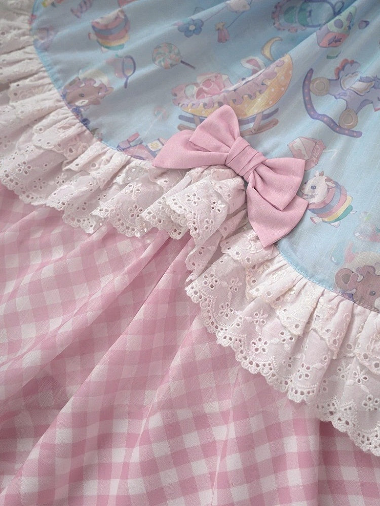 Adorable Lolita JSK Gown in Blue and Pink with Bow and Pocket Accents - Vcastle