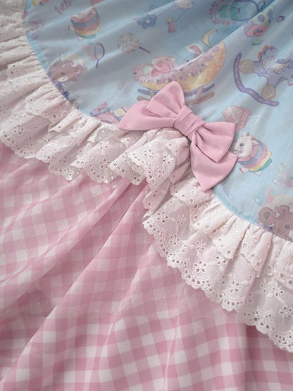 Adorable Lolita JSK Gown in Blue and Pink with Bow and Pocket Accents - Vcastle