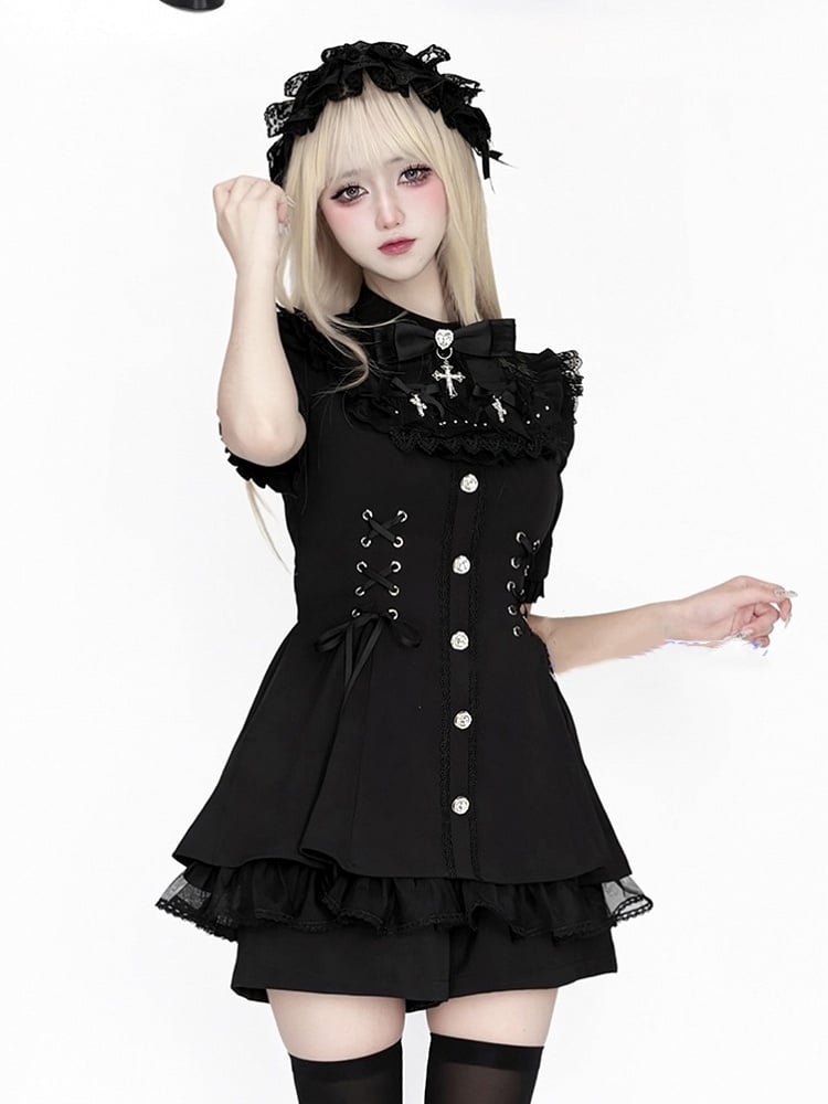 Kei Jirai – Komplett schwarzes Kleid mit Schleife am Ärmel, kurzes Lätzchen und abnehmbarem Set