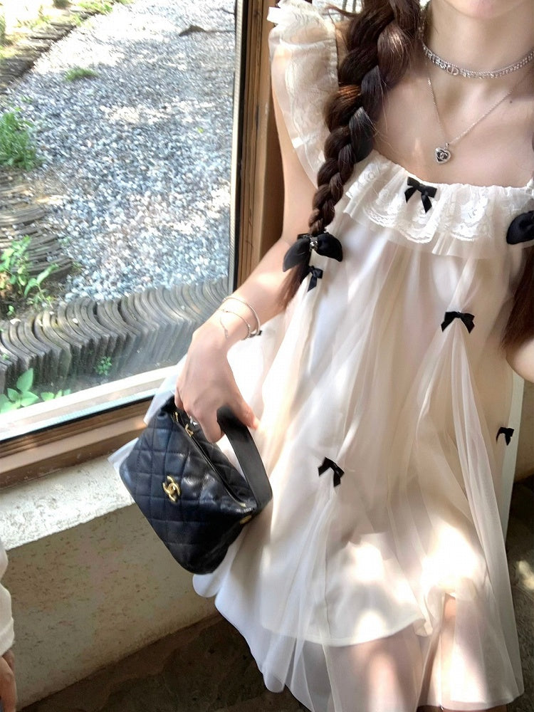 Sweet Apricot Dress with Bow and Lace Trim - Qchiwawameme