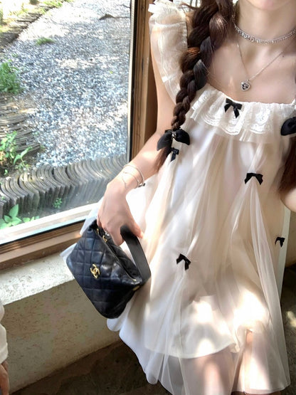 Sweet Apricot Dress with Bow and Lace Trim - Qchiwawameme